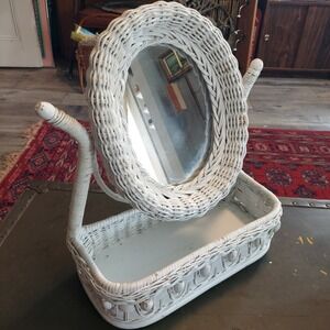 Vintage White Wicker Vanity Mirror Tilting Oval Tabletop Tray Shabby Chic 16x13